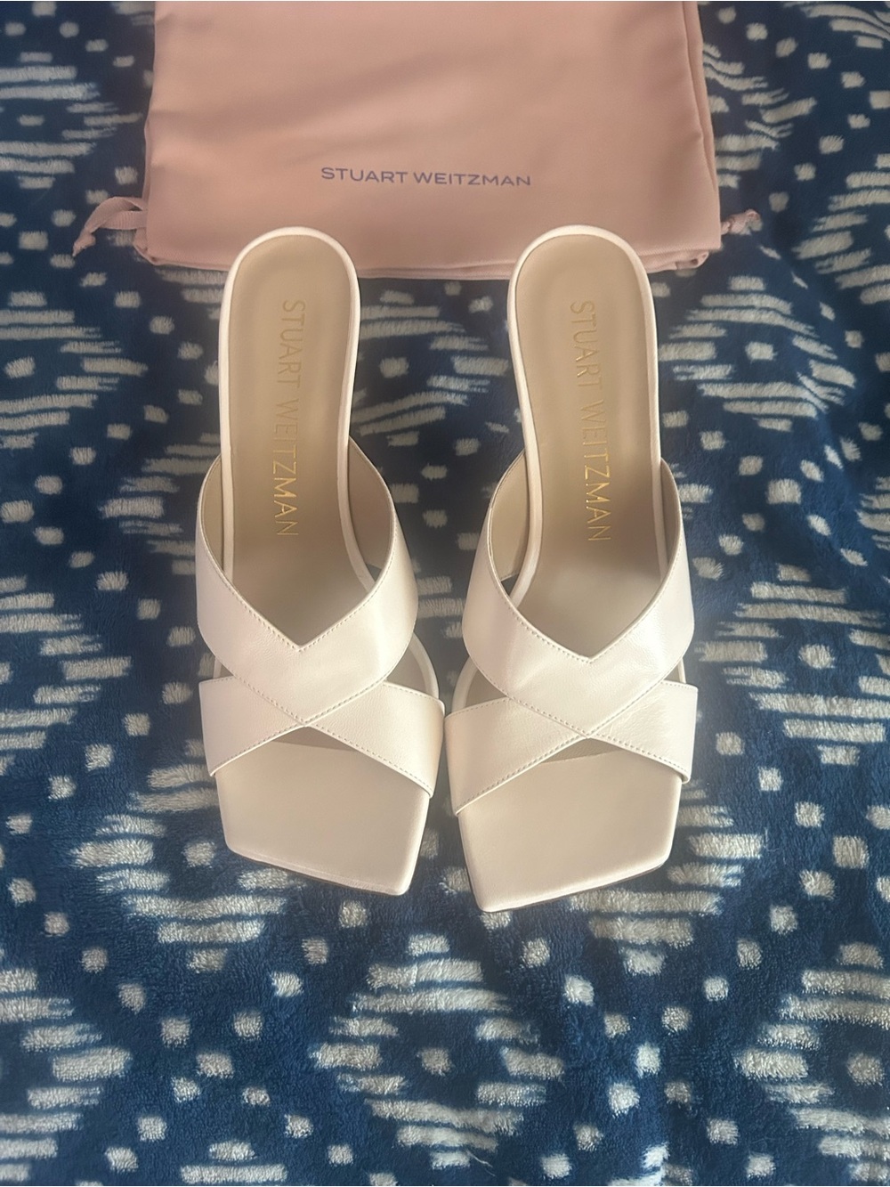 Stuart Weitzman Cream Cross-Strap Square-Toe Slide Mules